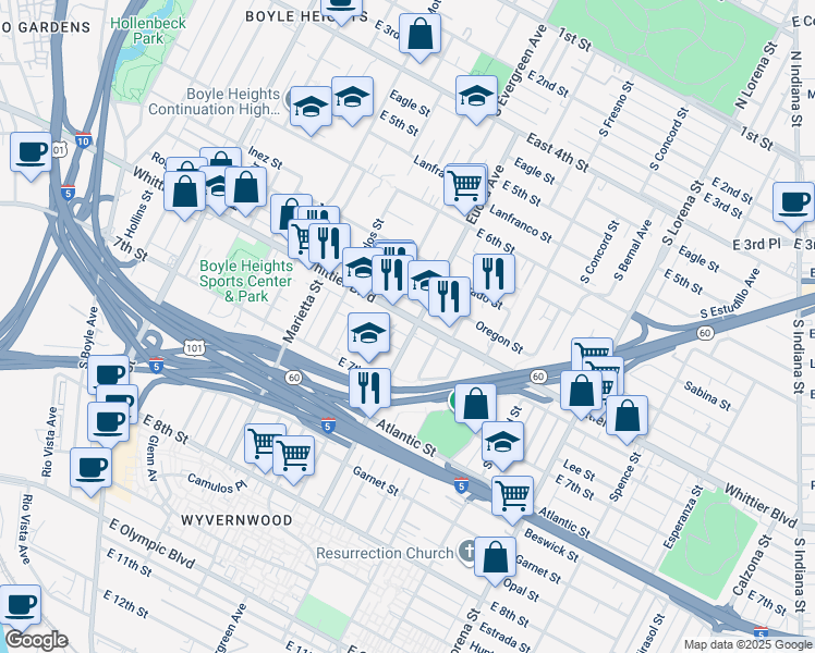 map of restaurants, bars, coffee shops, grocery stores, and more near in Los Angeles