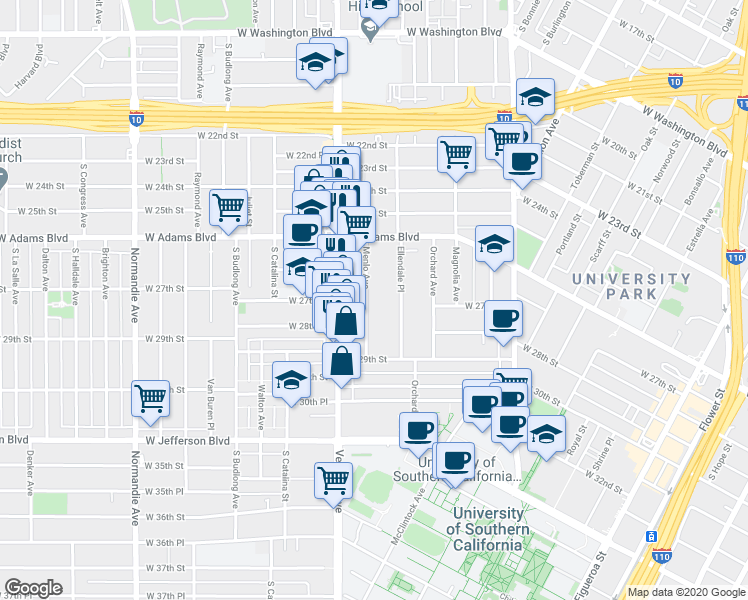 map of restaurants, bars, coffee shops, grocery stores, and more near 2678 Menlo Avenue in Los Angeles