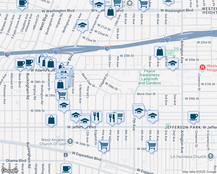 map of restaurants, bars, coffee shops, grocery stores, and more near 3926 West 28th Street in Los Angeles