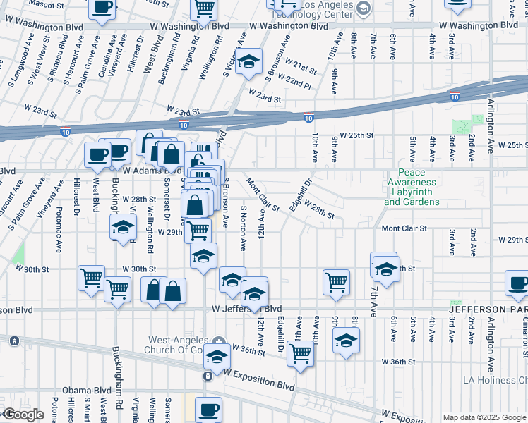 map of restaurants, bars, coffee shops, grocery stores, and more near 2819 12th Avenue in Los Angeles