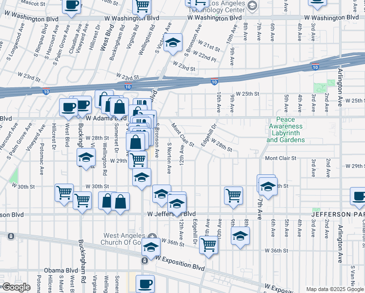 map of restaurants, bars, coffee shops, grocery stores, and more near 2819 12th Avenue in Los Angeles