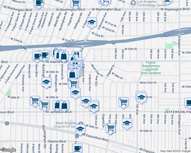 map of restaurants, bars, coffee shops, grocery stores, and more near 2819 12th Avenue in Los Angeles