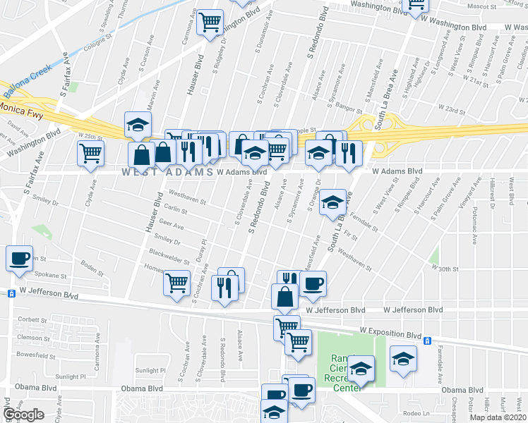 map of restaurants, bars, coffee shops, grocery stores, and more near 2671 South Redondo Boulevard in Los Angeles