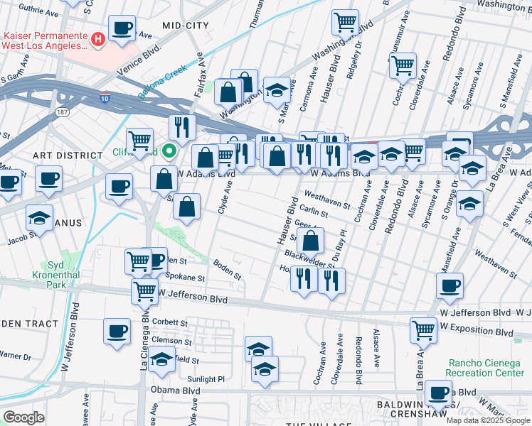 map of restaurants, bars, coffee shops, grocery stores, and more near 5542 Geer Avenue in Los Angeles