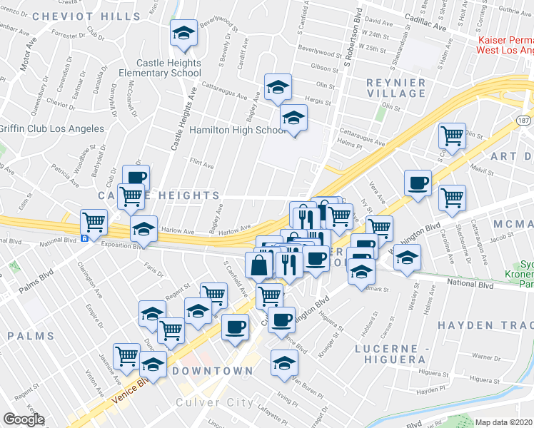 map of restaurants, bars, coffee shops, grocery stores, and more near 3326 Durango Avenue in Los Angeles