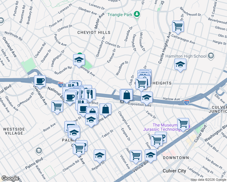 map of restaurants, bars, coffee shops, grocery stores, and more near 3375 Manning Avenue in Los Angeles