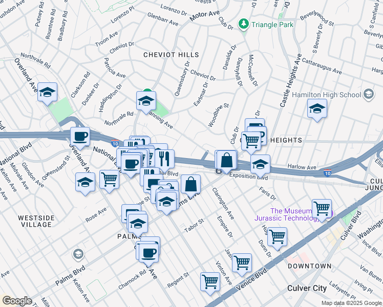 map of restaurants, bars, coffee shops, grocery stores, and more near 3325 Woodbine Street in Los Angeles
