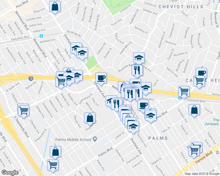 map of restaurants, bars, coffee shops, grocery stores, and more near 3200 Cheviot Vista Place in Los Angeles