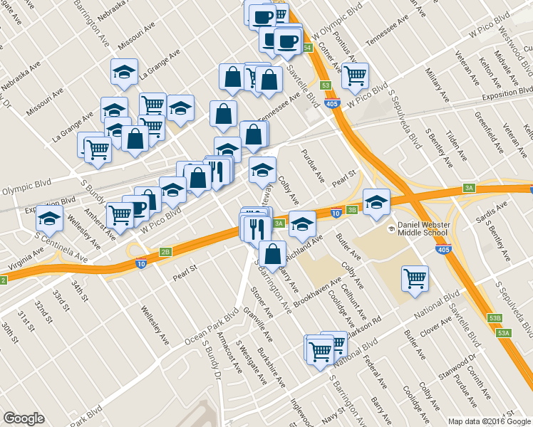 map of restaurants, bars, coffee shops, grocery stores, and more near 11625 Gateway Boulevard in Los Angeles