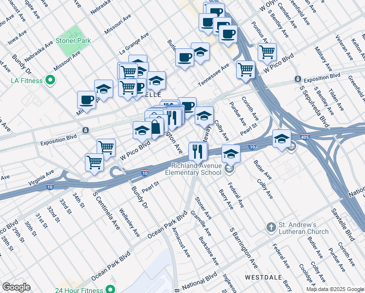 map of restaurants, bars, coffee shops, grocery stores, and more near 2450 South Barrington Avenue in Los Angeles