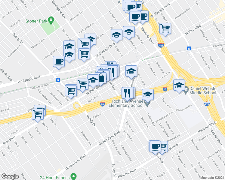map of restaurants, bars, coffee shops, grocery stores, and more near 2450 South Barrington Avenue in Los Angeles