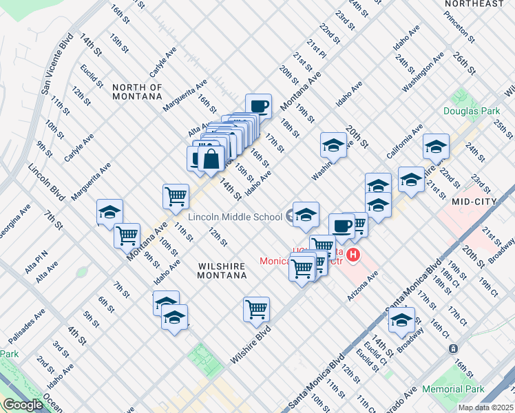 map of restaurants, bars, coffee shops, grocery stores, and more near 925 14th Street in Santa Monica