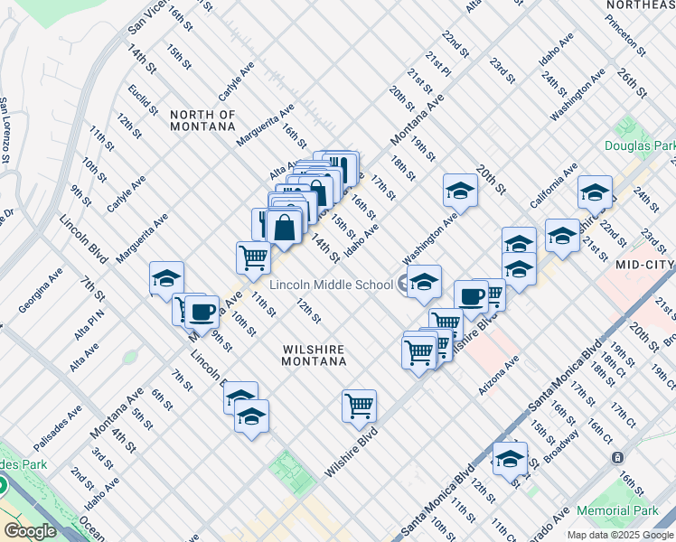 map of restaurants, bars, coffee shops, grocery stores, and more near in Santa Monica