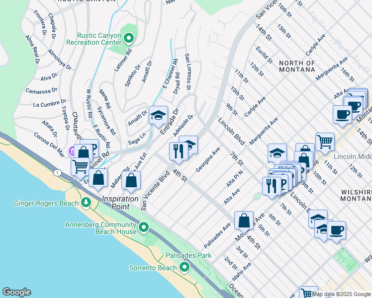 map of restaurants, bars, coffee shops, grocery stores, and more near 516 San Vicente Boulevard in Santa Monica