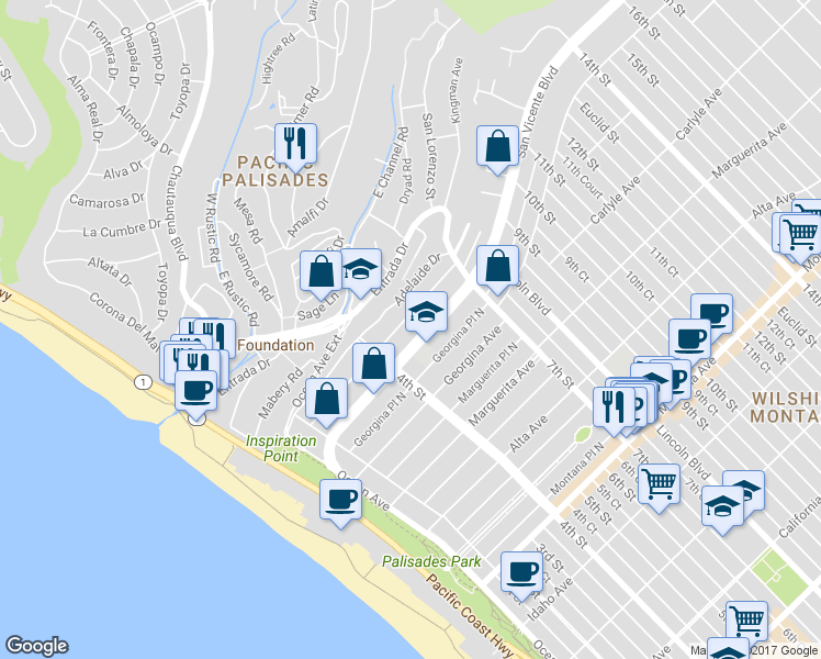 map of restaurants, bars, coffee shops, grocery stores, and more near 437 San Vicente Boulevard in Santa Monica