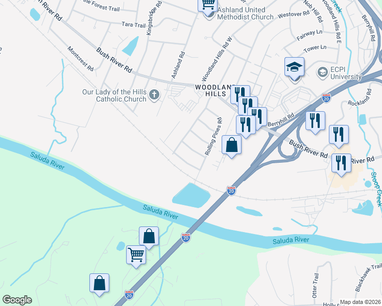 map of restaurants, bars, coffee shops, grocery stores, and more near 2431 Merry Wood Road in Columbia