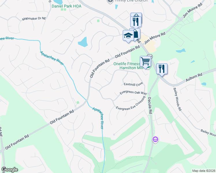 map of restaurants, bars, coffee shops, grocery stores, and more near 3220 Evergreen Eve Crossing in Dacula
