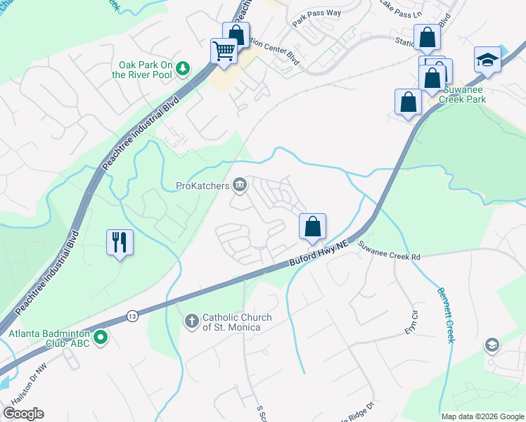 map of restaurants, bars, coffee shops, grocery stores, and more near 3889 Baxley Ridge Drive in Suwanee
