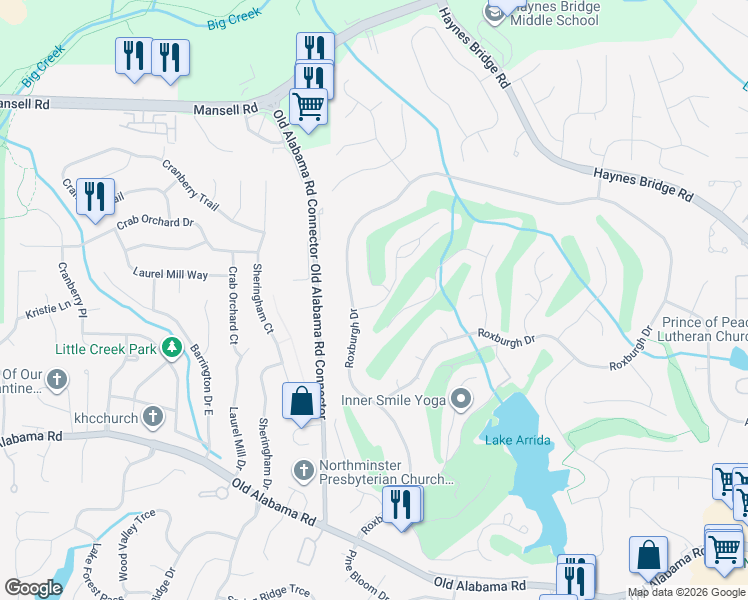 map of restaurants, bars, coffee shops, grocery stores, and more near 2430 Camden Glen Court in Roswell