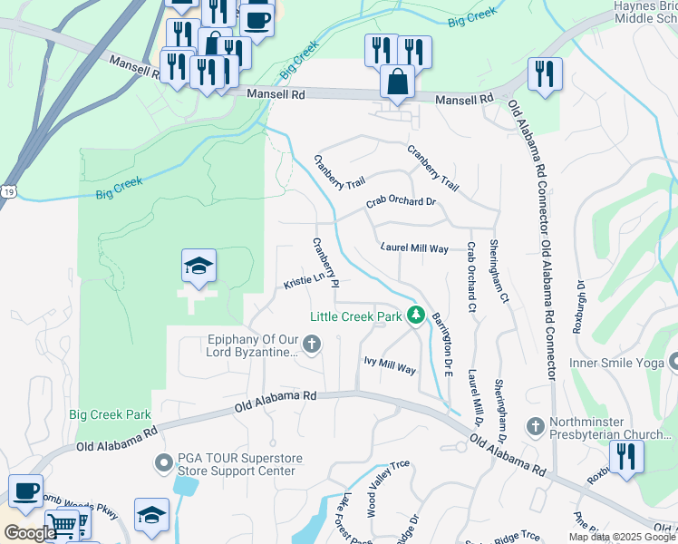 map of restaurants, bars, coffee shops, grocery stores, and more near 100 Karla Court in Roswell