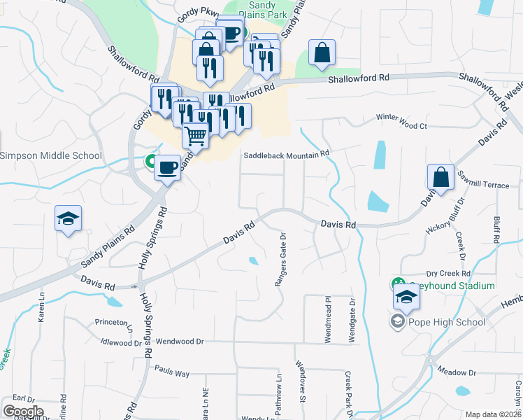 map of restaurants, bars, coffee shops, grocery stores, and more near 3101 Davis Road in Marietta