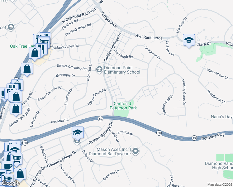 map of restaurants, bars, coffee shops, grocery stores, and more near 434 Golden Springs Drive in Diamond Bar