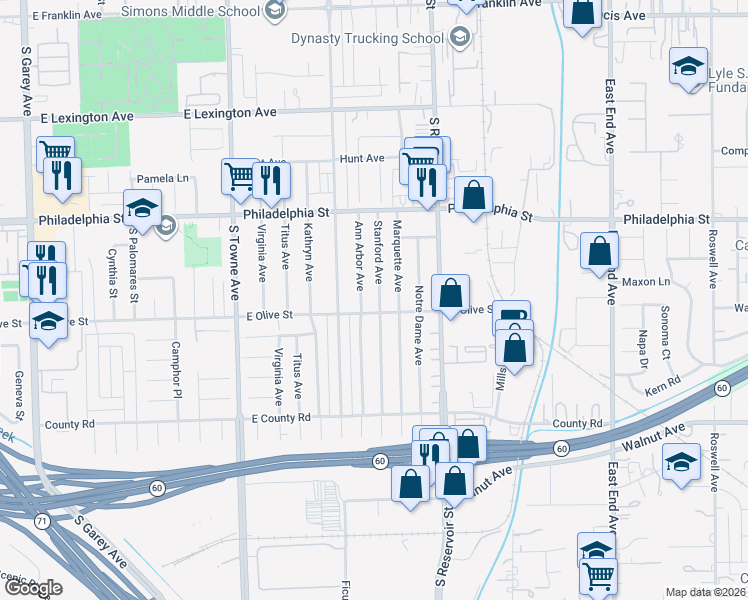 map of restaurants, bars, coffee shops, grocery stores, and more near 2279 Stanford Avenue in Pomona