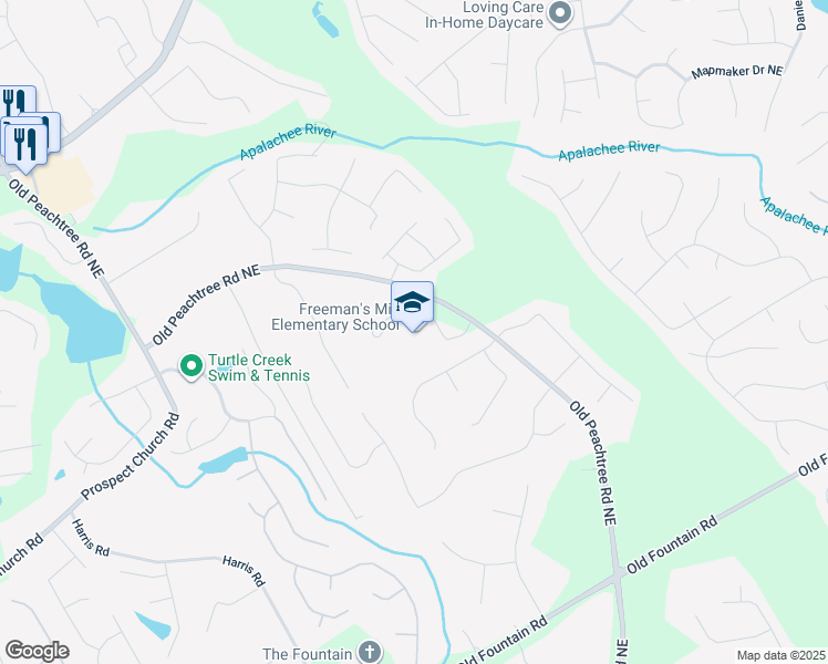 map of restaurants, bars, coffee shops, grocery stores, and more near 2303 Old Peachtree Road in Lawrenceville