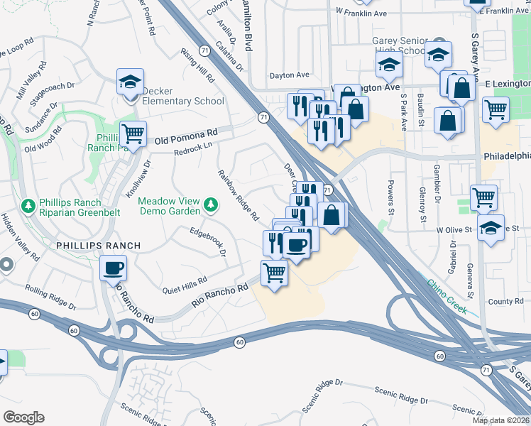 map of restaurants, bars, coffee shops, grocery stores, and more near 17 Turnpost Lane in Pomona