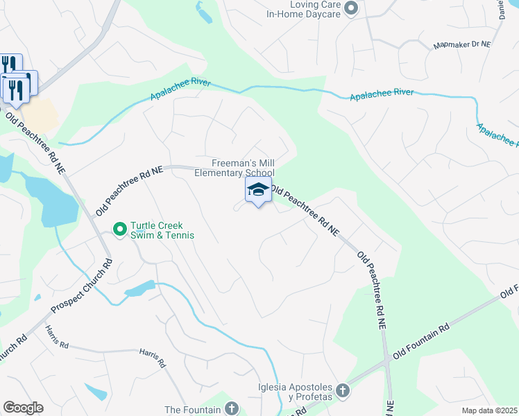 map of restaurants, bars, coffee shops, grocery stores, and more near 2303 Old Peachtree Road in Lawrenceville
