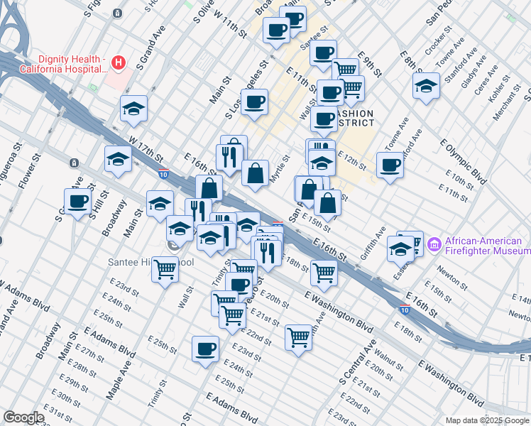map of restaurants, bars, coffee shops, grocery stores, and more near 555-699 E 16th St in Los Angeles