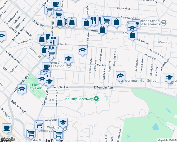 map of restaurants, bars, coffee shops, grocery stores, and more near 683 Larimore Avenue in La Puente