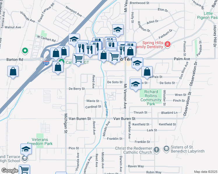 map of restaurants, bars, coffee shops, grocery stores, and more near 22388 De Berry Street in Grand Terrace