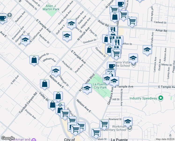 map of restaurants, bars, coffee shops, grocery stores, and more near 15439 Hartsville Street in La Puente