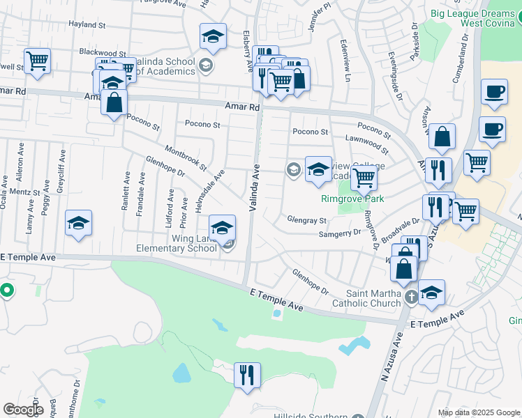 map of restaurants, bars, coffee shops, grocery stores, and more near 16614 Sam Gerry Drive in La Puente