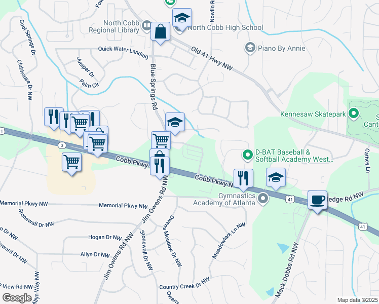 map of restaurants, bars, coffee shops, grocery stores, and more near 3224 Blue Springs Trace in Kennesaw