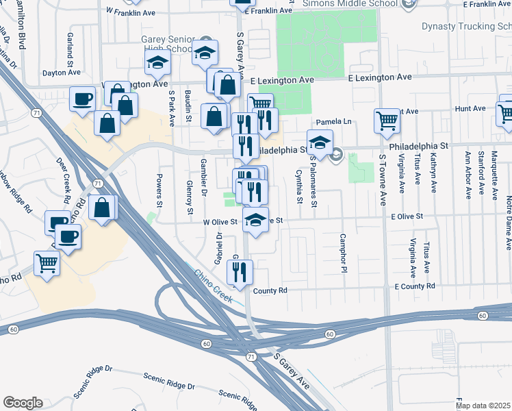 map of restaurants, bars, coffee shops, grocery stores, and more near 2268 South Garey Avenue in Pomona
