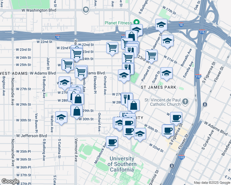 map of restaurants, bars, coffee shops, grocery stores, and more near 1157 West 27th Street in Los Angeles