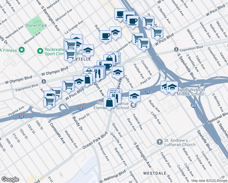 map of restaurants, bars, coffee shops, grocery stores, and more near 11625 Gateway Boulevard in Los Angeles