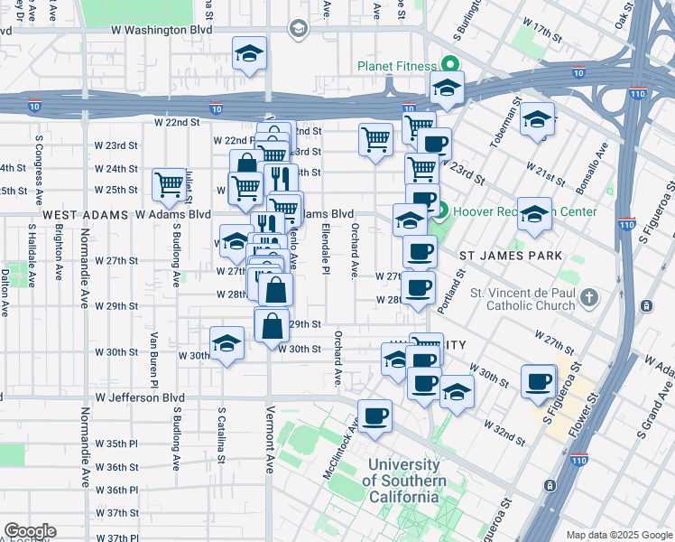 map of restaurants, bars, coffee shops, grocery stores, and more near 2676 Ellendale Place in Los Angeles