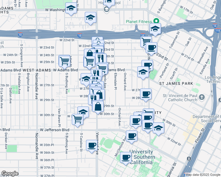 map of restaurants, bars, coffee shops, grocery stores, and more near 2677 Ellendale Place in Los Angeles
