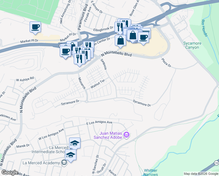 map of restaurants, bars, coffee shops, grocery stores, and more near 38 Remy Lane in Montebello