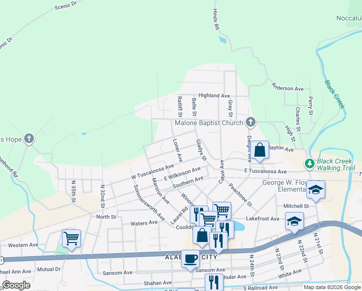 map of restaurants, bars, coffee shops, grocery stores, and more near 12 Little Street in Gadsden