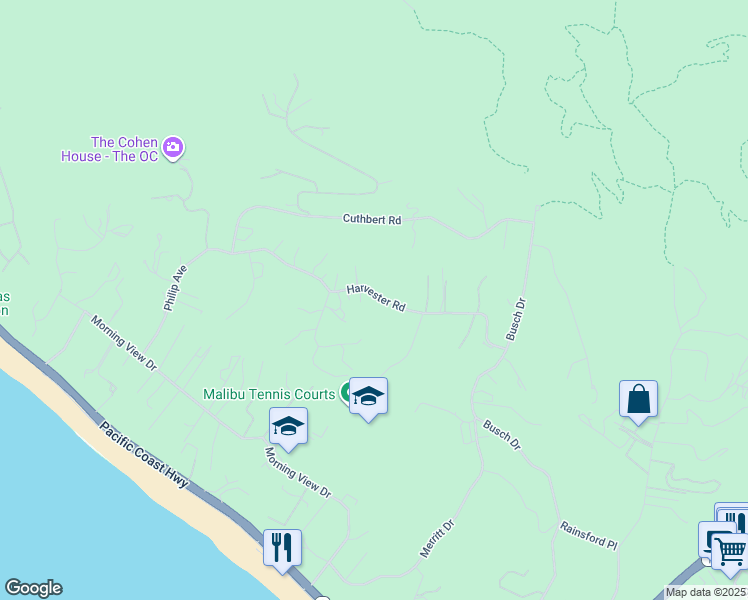 map of restaurants, bars, coffee shops, grocery stores, and more near 29924 Harvester Road in Malibu