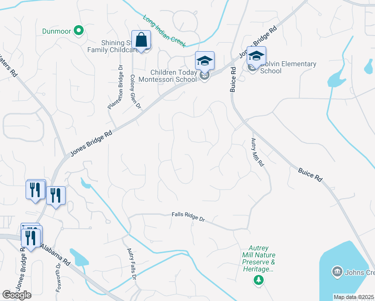 map of restaurants, bars, coffee shops, grocery stores, and more near 10725 Oxford Mill Circle in Alpharetta