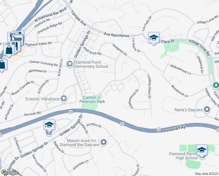 map of restaurants, bars, coffee shops, grocery stores, and more near 24202 Sylvan Glen Road in Diamond Bar
