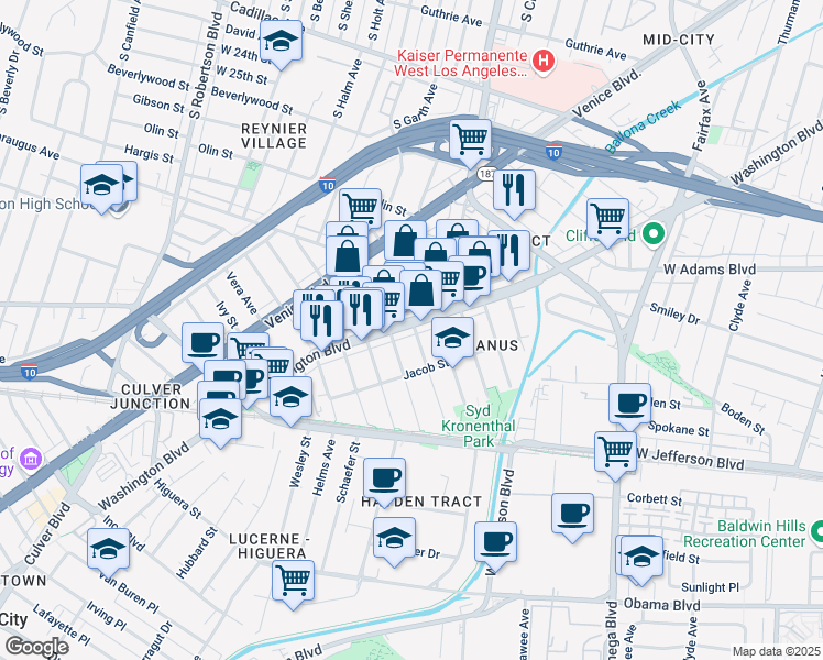 map of restaurants, bars, coffee shops, grocery stores, and more near 8534 Washington Boulevard in Culver City