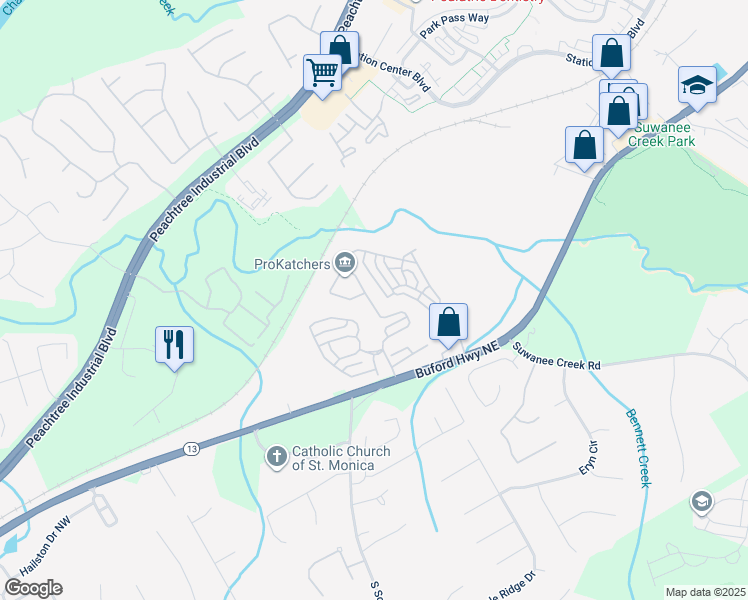 map of restaurants, bars, coffee shops, grocery stores, and more near 3899 Baxley Ridge Drive in Suwanee