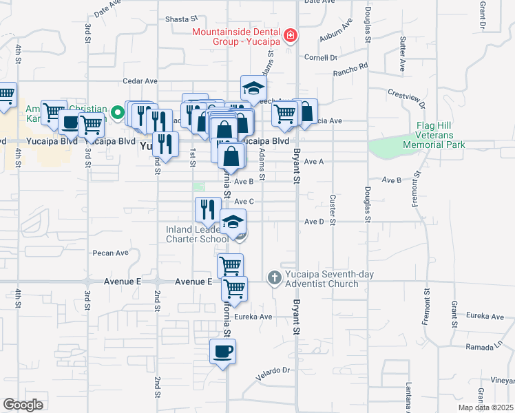 map of restaurants, bars, coffee shops, grocery stores, and more near 35187 Avenue C in Yucaipa