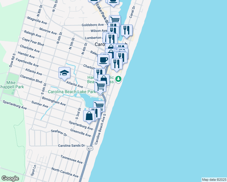 map of restaurants, bars, coffee shops, grocery stores, and more near 303 Carolina Beach Avenue South in Carolina Beach